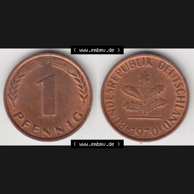 BRD Münze aus Deutschland 1950-2001, 1 Pfennig / 1 Pf. 1970 F - Vollansicht II.. Bild der Vorderseite und Rückseite einer 1 Pfennig Münze der Bundesrepublik... Sammlung