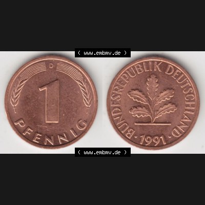 BRD Münze aus Deutschland 1950-2001, 1 Pfennig / 1 Pf. 1991 D - Vollansicht II.. Bild der Vorderseite und Rückseite einer 1 Pfennig Münze der Bundesrepublik... Sammlung
