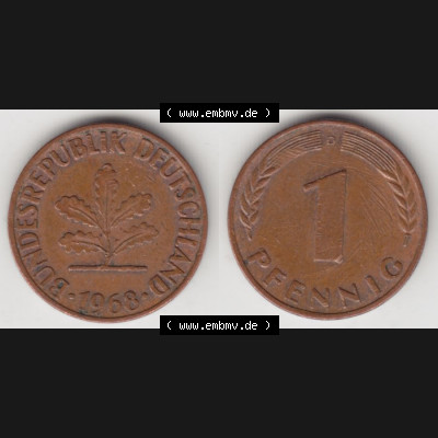 BRD Münze aus Deutschland 1950-2001, 1 Pfennig / 1 Pf. 1968 D - Vollansicht I.. Bild der Vorderseite und Rückseite einer 1 Pfennig Münze der Bundesrepublik... Sammlung