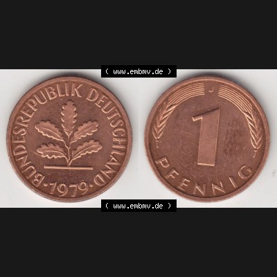 BRD Münze aus Deutschland 1950-2001, 1 Pfennig / 1 Pf. 1979 J - Vollansicht I.. Bild der Vorderseite und Rückseite einer 1 Pfennig Münze der Bundesrepublik... Sammlung