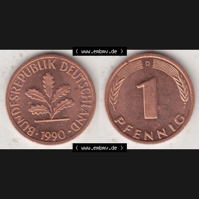 BRD Münze aus Deutschland 1950-2001, 1 Pfennig / 1 Pf. 1990 D - Vollansicht I.. Bild der Vorderseite und Rückseite einer 1 Pfennig Münze der Bundesrepublik... Sammlung