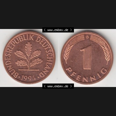BRD Münze aus Deutschland 1950-2001, 1 Pfennig / 1 Pf. 1994 G - Vollansicht I.. Bild der Vorderseite und Rückseite einer 1 Pfennig Münze der Bundesrepublik... Sammlung