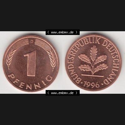 BRD Münze aus Deutschland 1950-2001, 1 Pfennig / 1 Pf. 1996 D - Vollansicht II.. Bild der Vorderseite und Rückseite einer 1 Pfennig Münze der Bundesrepublik... Sammlung