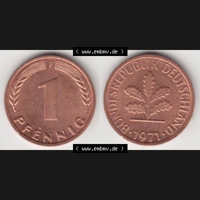 BRD Münze aus Deutschland 1950-2001, 1 Pfennig / 1 Pf. 1971 F - Vollansicht II.. Bild der Vorderseite und Rückseite einer 1 Pfennig Münze der Bundesrepublik... Sammlung