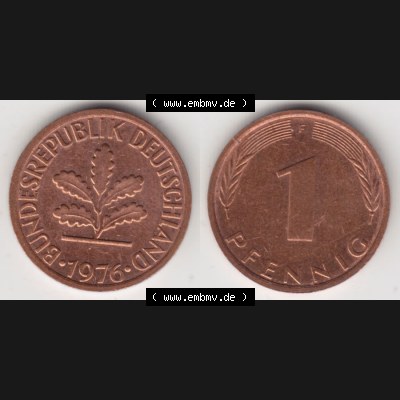 BRD Münze aus Deutschland 1950-2001, 1 Pfennig / 1 Pf. 1976 F - Vollansicht I.. Bild der Vorderseite und Rückseite einer 1 Pfennig Münze der Bundesrepublik... Sammlung