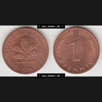BRD Münze aus Deutschland 1950-2001, 1 Pfennig / 1 Pf. 1981 J - Vollansicht I.. Bild der Vorderseite und Rückseite einer 1 Pfennig Münze der Bundesrepublik... Sammlung
