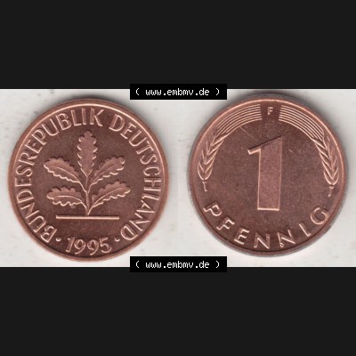 BRD Münze aus Deutschland 1950-2001, 1 Pfennig / 1 Pf. 1995 F - Vollansicht I.. Bild der Vorderseite und Rückseite einer 1 Pfennig Münze der Bundesrepublik... Sammlung