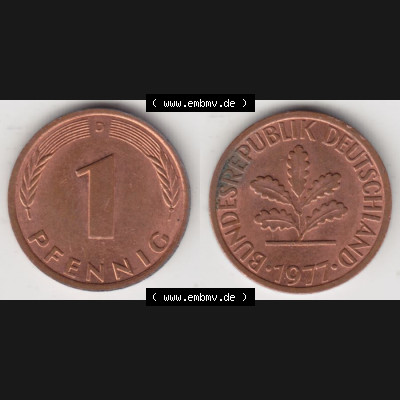 BRD Münze aus Deutschland 1950-2001, 1 Pfennig / 1 Pf. 1977 D - Vollansicht II.. Bild der Vorderseite und Rückseite einer 1 Pfennig Münze der Bundesrepublik... Sammlung