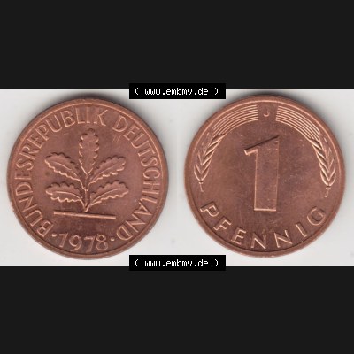 BRD Münze aus Deutschland 1950-2001, 1 Pfennig / 1 Pf. 1978 J - Vollansicht I.. Bild der Vorderseite und Rückseite einer 1 Pfennig Münze der Bundesrepublik... Sammlung