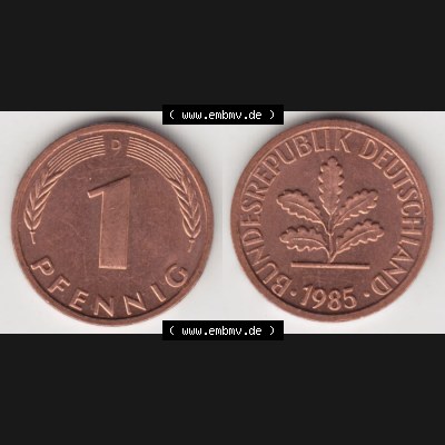 BRD Münze aus Deutschland 1950-2001, 1 Pfennig / 1 Pf. 1985 D - Vollansicht II.. Bild der Vorderseite und Rückseite einer 1 Pfennig Münze der Bundesrepublik... Sammlung