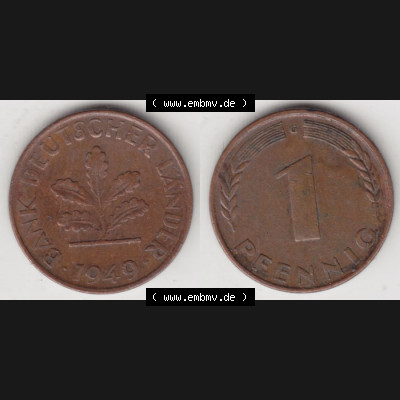 BRD Münze aus Deutschland 1948-1949, 1 Pfennig / 1 Pf. 1949 G - Vollansicht I.. Bild der Vorderseite und Rückseite einer 1 Pfennig Münze der Bundesrepublik... Sammlung