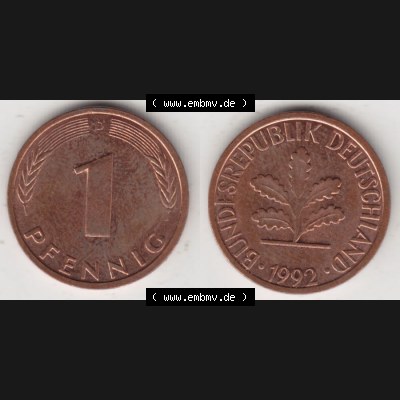 BRD Münze aus Deutschland 1950-2001, 1 Pfennig / 1 Pf. 1992 D - Vollansicht II.. Bild der Vorderseite und Rückseite einer 1 Pfennig Münze der Bundesrepublik... Sammlung