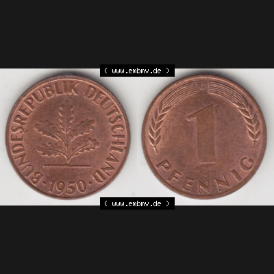 BRD Münze aus Deutschland 1950-2001, 1 Pfennig / 1 Pf. 1950 G - Vollansicht I.. Bild der Vorderseite und Rückseite einer 1 Pfennig Münze der Bundesrepublik... Sammlung