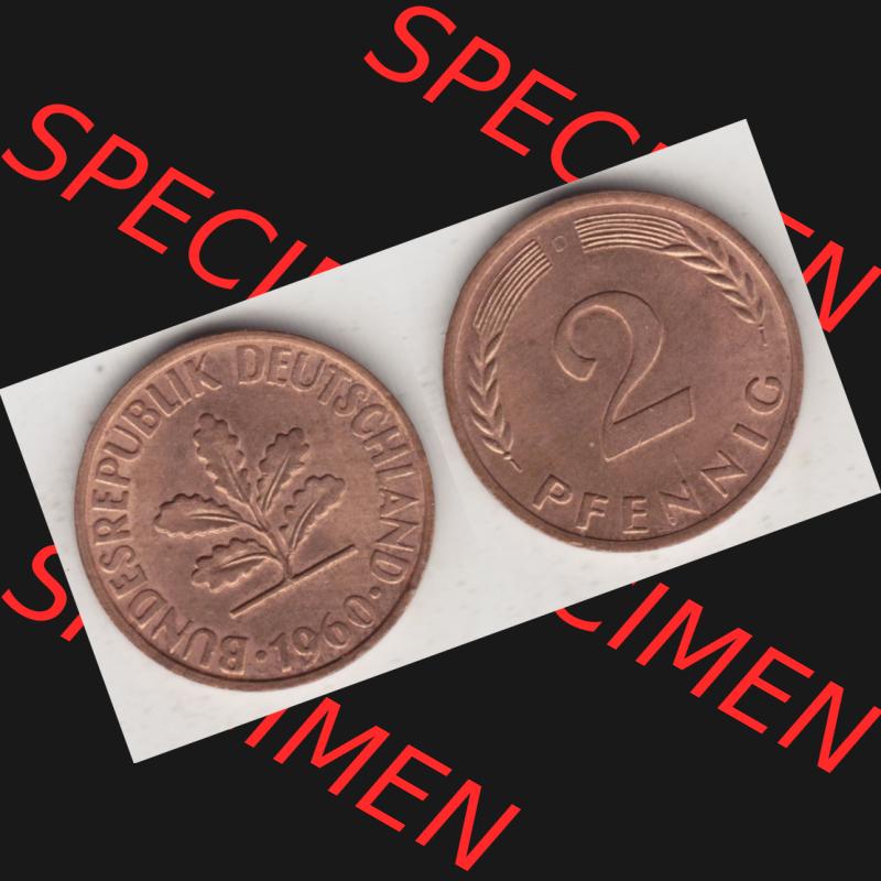BRD Münze aus Deutschland 1950-2001, 2 Pfennig / 2 Pf. 1960 D - Vollansicht I.. Bild der Vorderseite und Rückseite einer 2 Pfennig Münze der Bundesrepublik... Sammlung