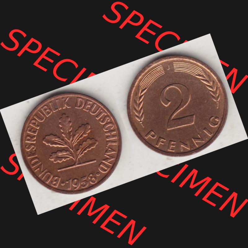 BRD Münze aus Deutschland 1950-2001, 2 Pfennig / 2 Pf. 1958 J - Vollansicht I.. Bild der Vorderseite und Rückseite einer 2 Pfennig Münze der Bundesrepublik... Sammlung