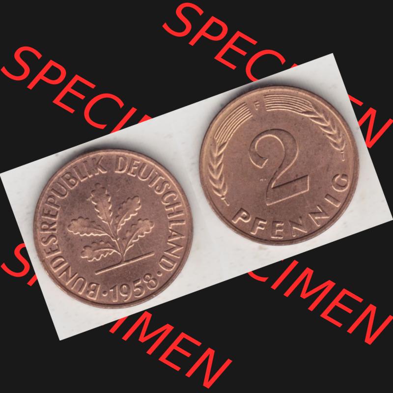 BRD Münze aus Deutschland 1950-2001, 2 Pfennig / 2 Pf. 1958 F - Vollansicht I.. Bild der Vorderseite und Rückseite einer 2 Pfennig Münze der Bundesrepublik... Sammlung