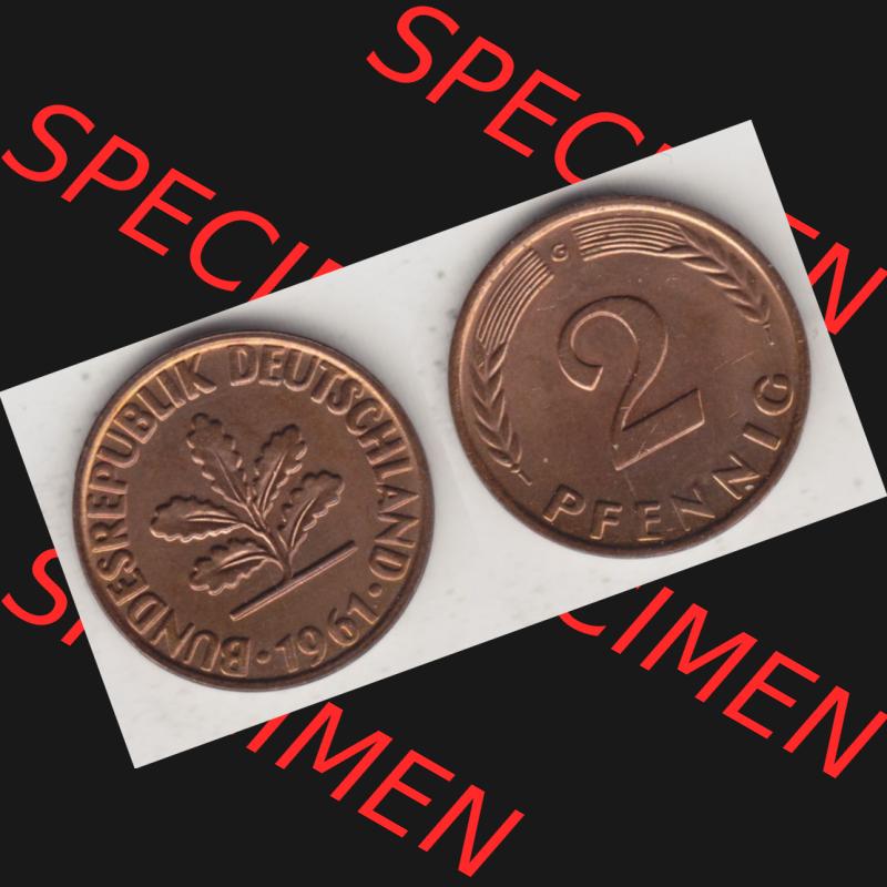 BRD Münze aus Deutschland 1950-2001, 2 Pfennig / 2 Pf. 1961 G - Vollansicht I.. Bild der Vorderseite und Rückseite einer 2 Pfennig Münze der Bundesrepublik... Sammlung