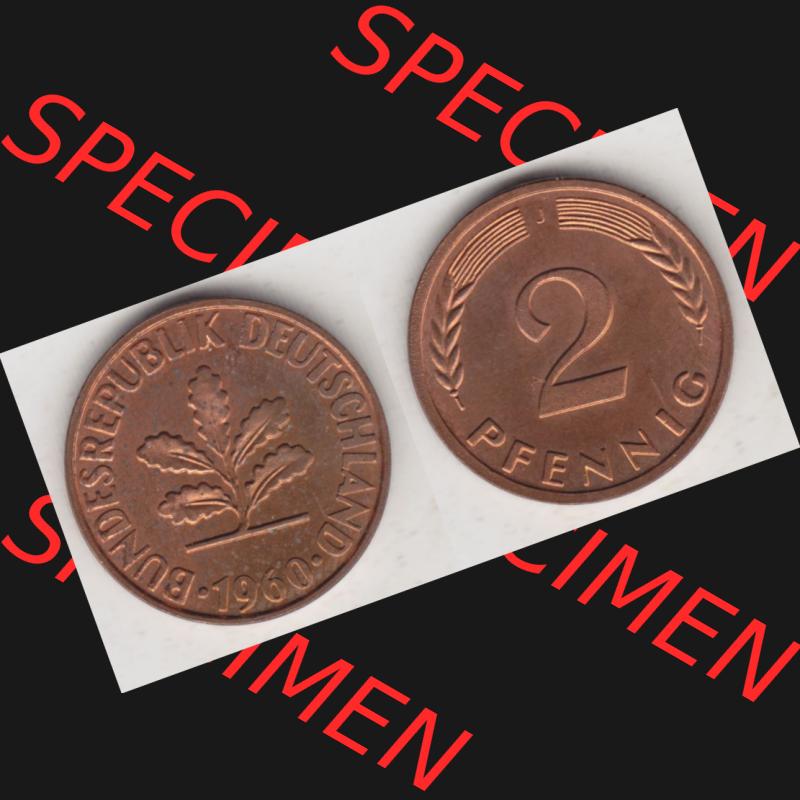 BRD Münze aus Deutschland 1950-2001, 2 Pfennig / 2 Pf. 1960 J - Vollansicht I.. Bild der Vorderseite und Rückseite einer 2 Pfennig Münze der Bundesrepublik... Sammlung