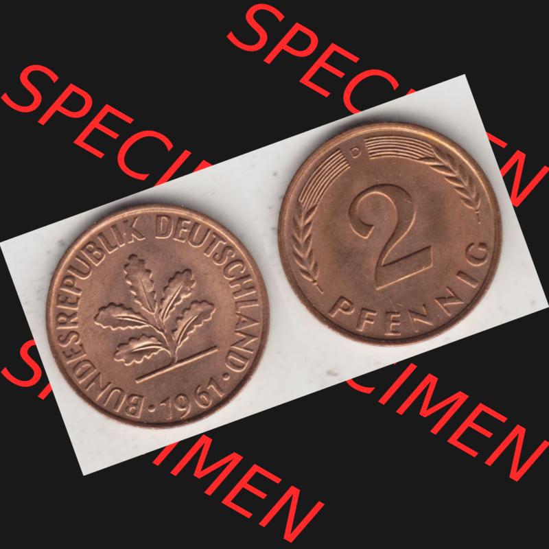 BRD Münze aus Deutschland 1950-2001, 2 Pfennig / 2 Pf. 1961 D - Vollansicht I.. Bild der Vorderseite und Rückseite einer 2 Pfennig Münze der Bundesrepublik... Sammlung
