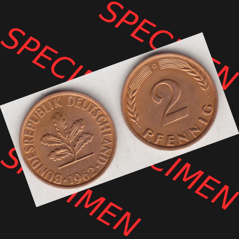 BRD Münze aus Deutschland 1950-2001, 2 Pfennig / 2 Pf. 1962 D - Vollansicht I.. Bild der Vorderseite und Rückseite einer 2 Pfennig Münze der Bundesrepublik... Sammlung