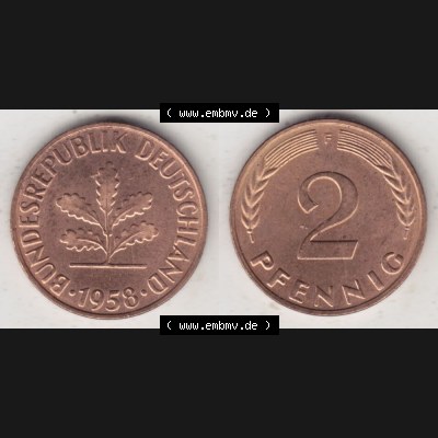 BRD Münze aus Deutschland 1950-2001, 2 Pfennig / 2 Pf. 1958 F - Vollansicht I.. Bild der Vorderseite und Rückseite einer 2 Pfennig Münze der Bundesrepublik... Sammlung