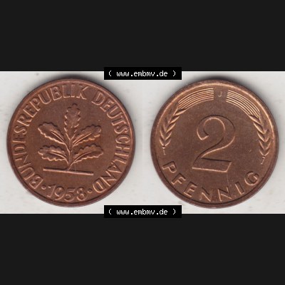 BRD Münze aus Deutschland 1950-2001, 2 Pfennig / 2 Pf. 1958 J - Vollansicht I.. Bild der Vorderseite und Rückseite einer 2 Pfennig Münze der Bundesrepublik... Sammlung