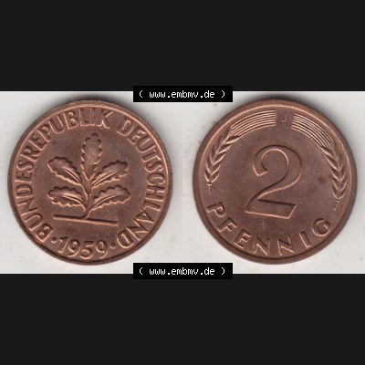 BRD Münze aus Deutschland 1950-2001, 2 Pfennig / 2 Pf. 1959 J - Vollansicht I.. Bild der Vorderseite und Rückseite einer 2 Pfennig Münze der Bundesrepublik... Sammlung