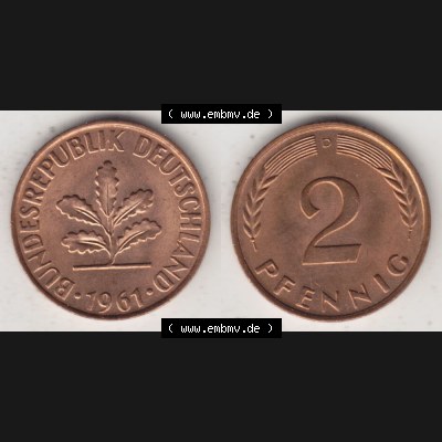 BRD Münze aus Deutschland 1950-2001, 2 Pfennig / 2 Pf. 1961 D - Vollansicht I.. Bild der Vorderseite und Rückseite einer 2 Pfennig Münze der Bundesrepublik... Sammlung