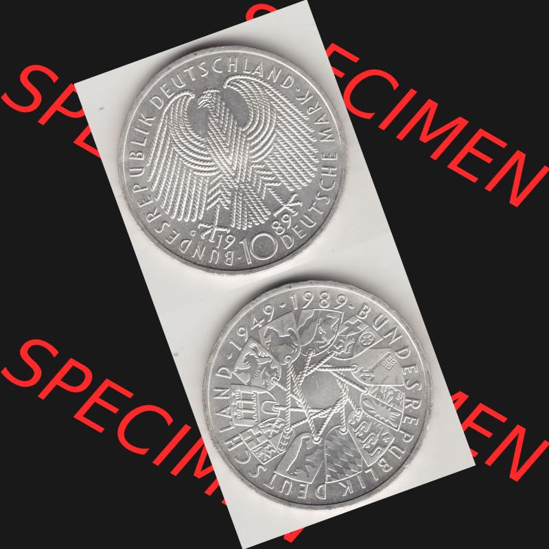 BRD Münzen 10 Deutsche Mark, 10 DM Gedenkmünzen Silber 1989-1989, 10 DM Deutsche Mark, 40 Jahre BRD, Bundesrepublik Deutschland. Vorderseite und Rückseite... Sammlung