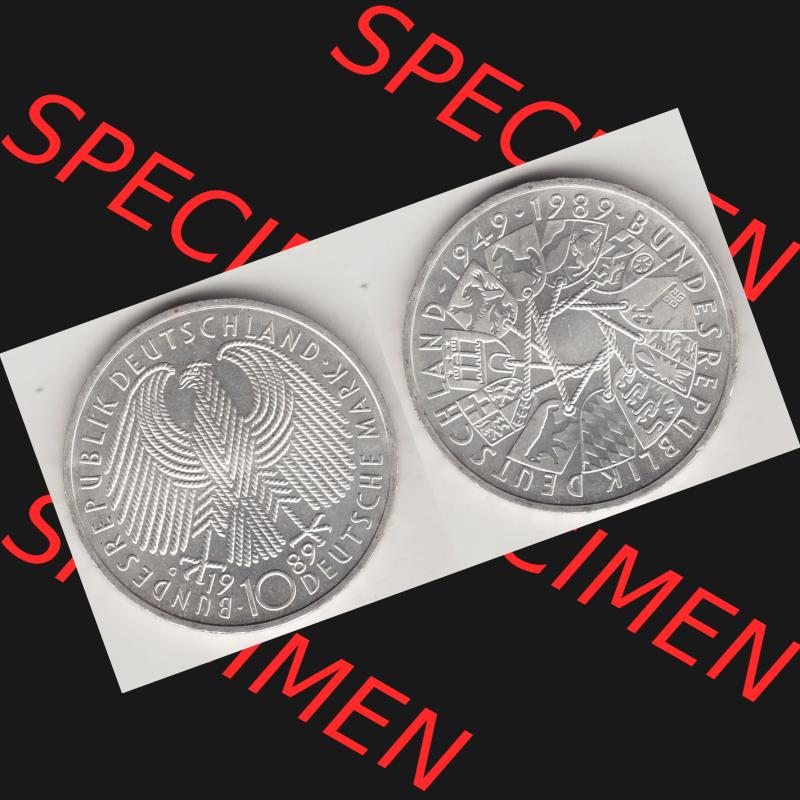 BRD Münzen 10 Deutsche Mark, 10 DM Gedenkmünzen Silber 1989-1989, 10 DM Deutsche Mark, 40 Jahre BRD, Bundesrepublik Deutschland. Vorderseite und Rückseite... Sammlung