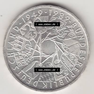 BRD Münzen 10 Deutsche Mark, 10 DM Gedenkmünzen Silber 1989-1989, 10 DM Deutsche Mark, 40 Jahre BRD, Bundesrepublik Deutschland. Rückseite einer 10 DM-Gedenkmünze... Sammlung