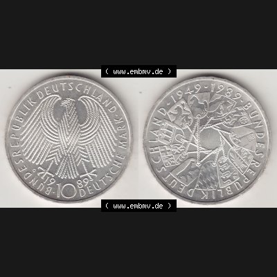 BRD Münzen 10 Deutsche Mark, 10 DM Gedenkmünzen Silber 1989-1989, 10 DM Deutsche Mark, 40 Jahre BRD, Bundesrepublik Deutschland. Vorderseite und Rückseite... Sammlung