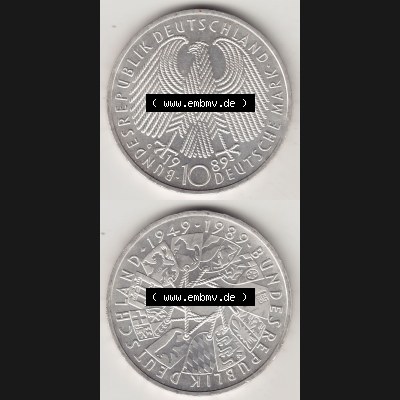 BRD Münzen 10 Deutsche Mark, 10 DM Gedenkmünzen Silber 1989-1989, 10 DM Deutsche Mark, 40 Jahre BRD, Bundesrepublik Deutschland. Vorderseite und Rückseite... Sammlung
