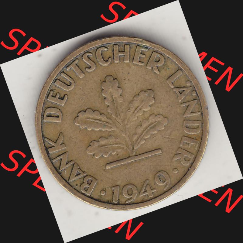 BRD Münzen 5 Pf., Umlaufmünze 1949-1949, 5 Pfennig, 1949 F-1. Vorderseite einer 5 Pfennig F, Mzz. F für Stuttgart - Münze aus Deutschland... Sammlung