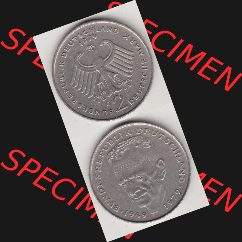 BRD Münzen 2 DM, Gedenkmünze 1979-1993, 2 DM, Deutsche Mark Kurt Schumacher 1979 G-1. Vorderseite und Rückseite einer Münze auf einen Bild / Foto,... Sammlung