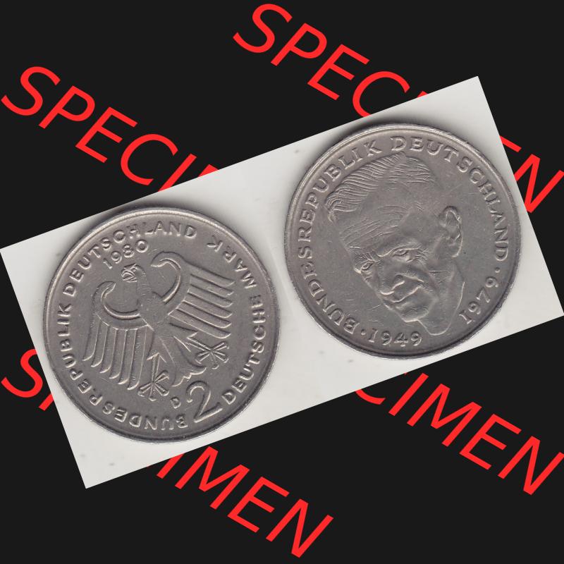 BRD Münzen 2 DM, Gedenkmünze 1979-1993, 2 DM, Deutsche Mark Kurt Schumacher 1980 D-1. VS-RS auf einen Bild / Foto einer 2 DM, 2 Deutsche Mark D Gedenkmünze,... Sammlung