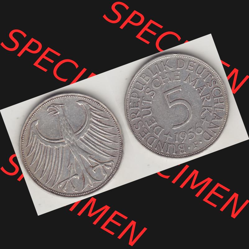 BRD Münzen Silbermünze 1951-1974, 5 DM, 5 Deutsche Mark Silberadler, Heiermann 1956 F-1. Vorderseite und Rückseite auf einen Bild/Foto mit Wert-Zahl von 5 Deutsche... Sammlung