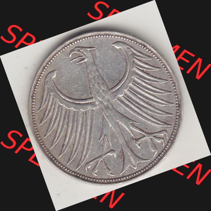 BRD Münzen Silbermünze 1951-1974, 5 DM, 5 Deutsche Mark Silberadler, Heiermann 1956 F-1. Vorderseite einer Silbermünze 5 DM, 5 Deutsche Mark in Silber - Münze... Sammlung