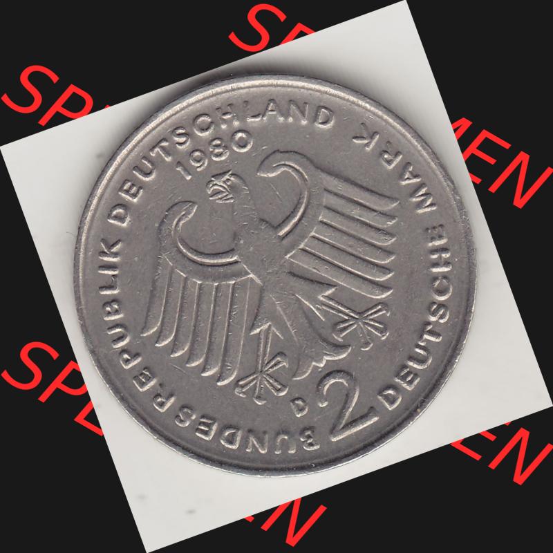 BRD Münzen 2 DM, Gedenkmünze 1979-1993, 2 DM, Deutsche Mark Kurt Schumacher 1980 D-1. Vorderseite einer 2 DM, 2 Deutsche Mark D Gedenkmünze, Mzz.... Sammlung