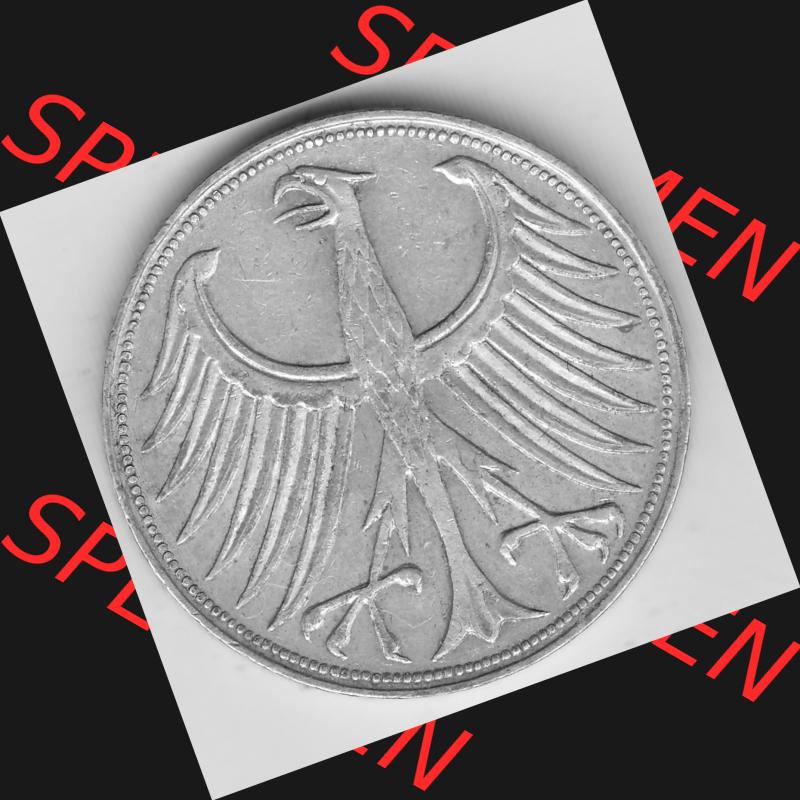 BRD Münzen Silbermünze 1951-1974, 5 DM, 5 Deutsche Mark Silberadler, Heiermann 1957 F-1. Vorderseite einer Silbermünze 5 DM, 5 Deutsche Mark in Silber - Münze... Sammlung