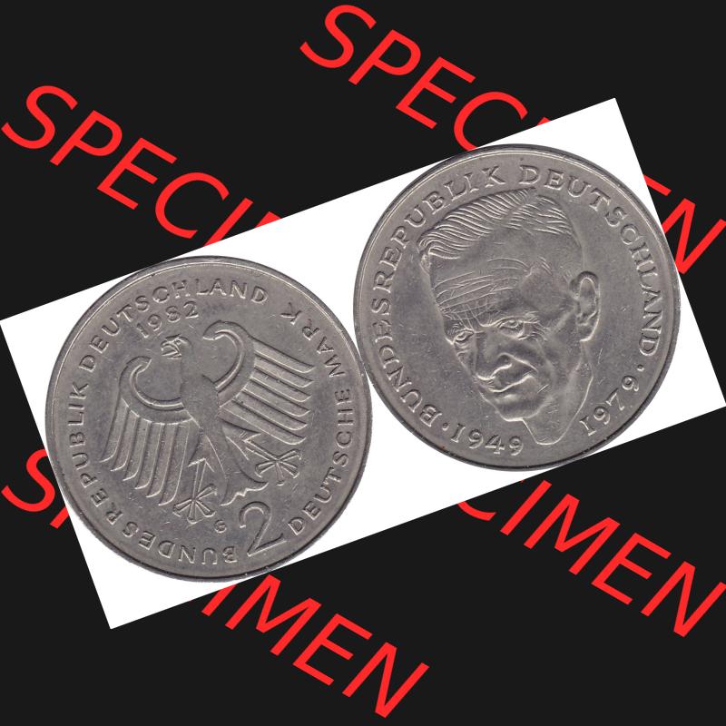 BRD Münzen 2 DM, Gedenkmünze 1979-1993, 2 DM, Deutsche Mark Kurt Schumacher Deutschland 1982 G-1. Vorderseite und Rückseite mit Wert-Zahl einer 2 DM Kurt Schumacher... Sammlung