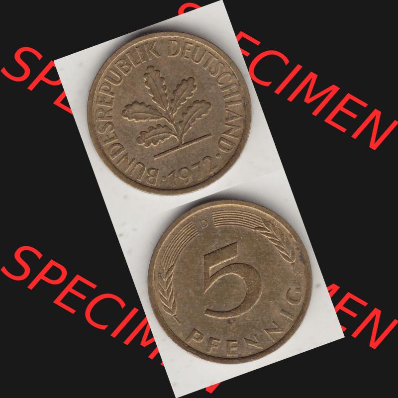BRD Münzen 5 Pf., Umlaufmünze 1950-2001, 5 Pfennig, 1972 D-1. Vorderseite und Rückseite vertikal untereinander zusammen auf einen Bild / Foto für... Sammlung