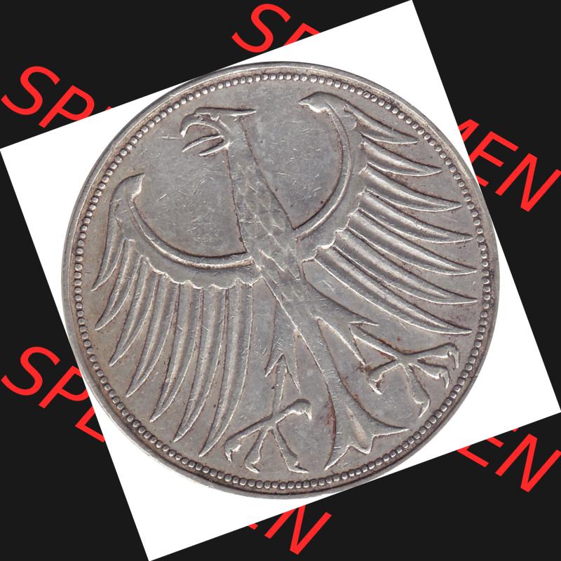 BRD Münzen Silbermünze 1951-1974, 5 DM aus Deutschland, 5 Deutsche Mark Silberadler, Heiermann 1956 Münzzeichen / Mzz. "F" für Stuttgart-1.... Sammlung