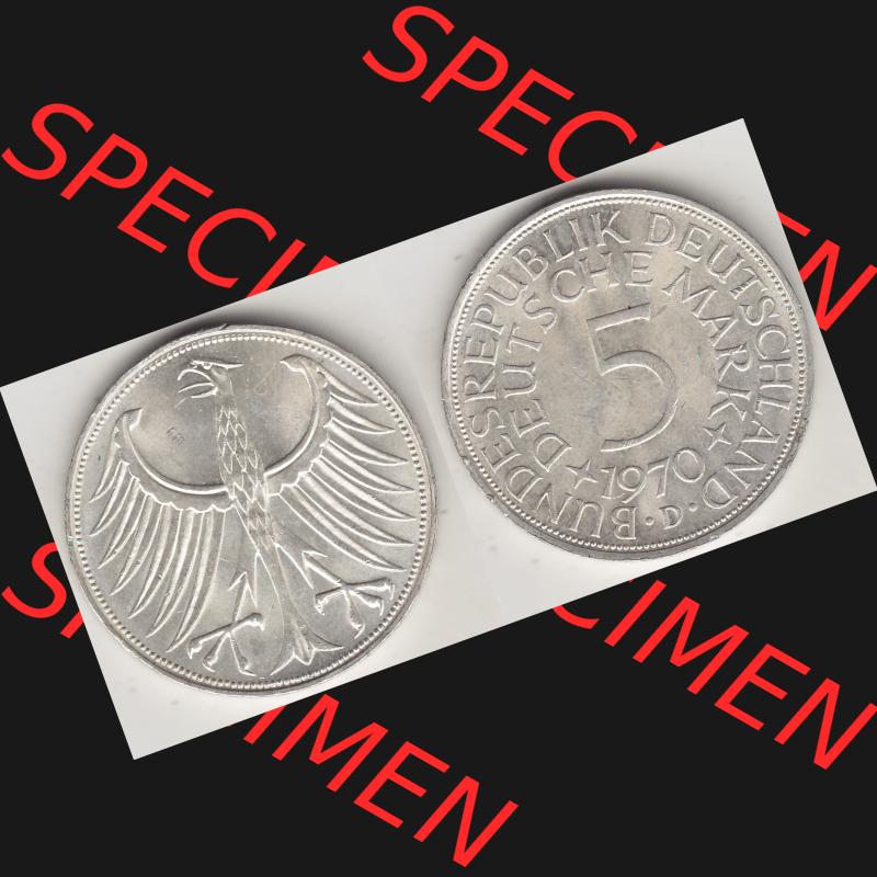BRD Münzen Silbermünze 1951-1974, 5 DM, 5 Deutsche Mark Silberadler, Heiermann 1970 Münzzeichen / Mzz. "D" für München - 1. Vorderseite... Sammlung