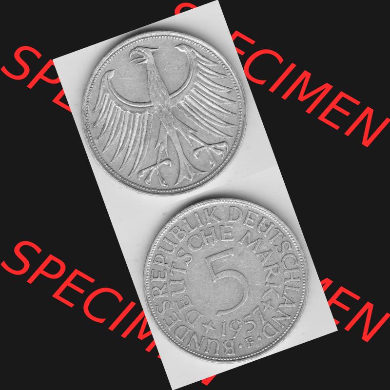 BRD Münzen Silbermünze 1951-1974, 5 DM, 5 Deutsche Mark Silberadler, Heiermann 1957 Münzzeichen / Mzz. "F" für Stuttgart - 1. Vorderseite... Sammlung