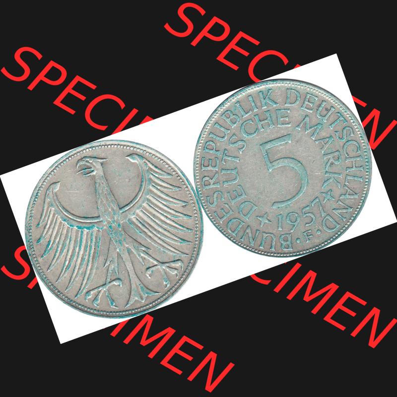 BRD Münzen Silbermünze 1951-1974, 5 DM aus Deutschland, 5 Deutsche Mark Silberadler, Heiermann 1957 F-2. Vorderseite und Rückseite mit Wert-Zahl von 5 DM horizontal... Sammlung