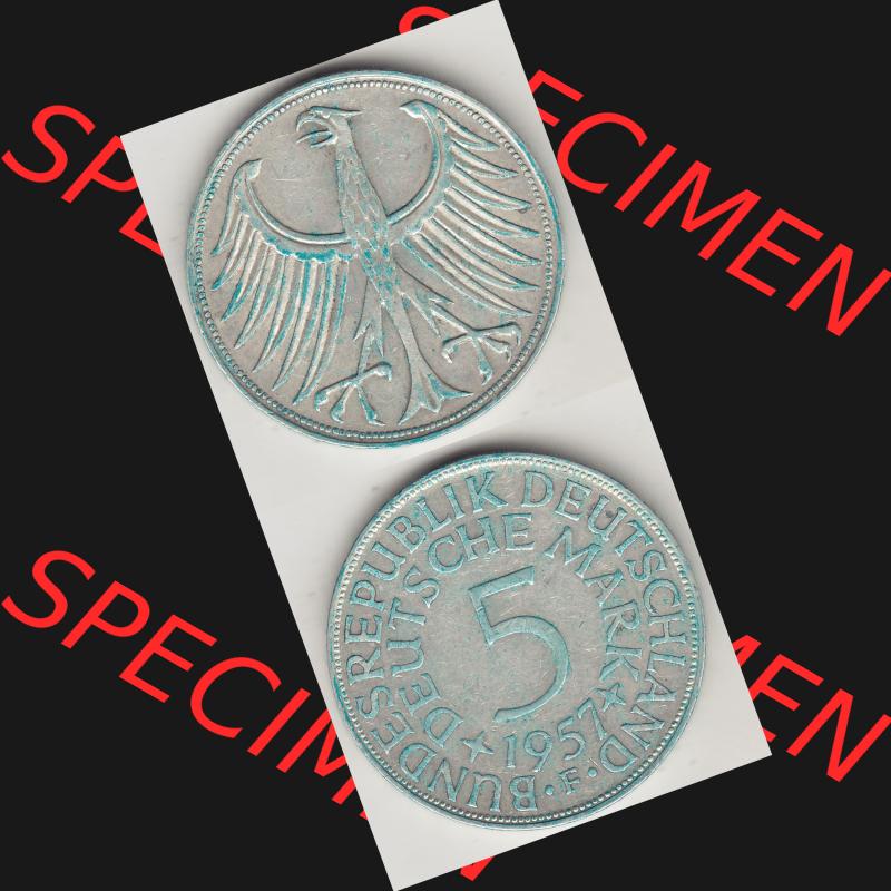BRD Münzen Silbermünze 1951-1974, 5 DM, 5 Deutsche Mark Silberadler, Heiermann 1957 Münzzeichen / Mzz. "F" für Stuttgart - 2. Vorderseite... Sammlung
