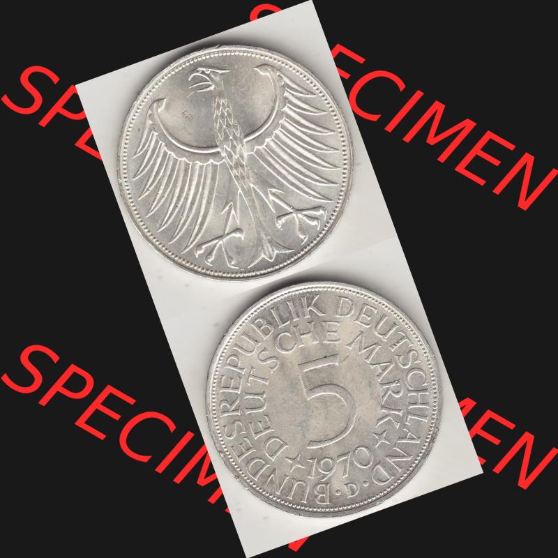 BRD Münzen Silbermünze 1951-1974, 5 DM, 5 Deutsche Mark Silberadler, Heiermann 1970 Münzzeichen / Mzz. "D" für München - 1. Vorderseite... Sammlung