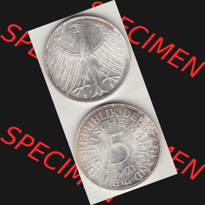 BRD Münzen Silbermünze 1951-1974, 5 DM, 5 Deutsche Mark Silberadler, Heiermann 1971 Münzzeichen / Mzz. "G" für Karlsruhe - 1. Vorderseite... Sammlung