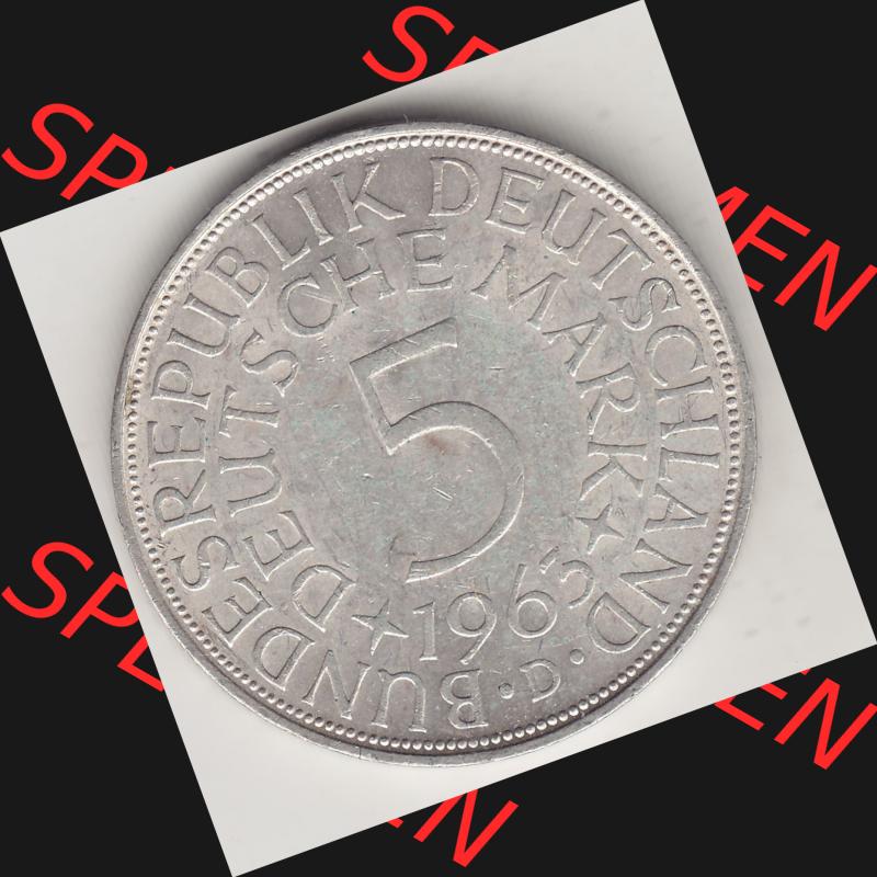 BRD Münzen Silbermünze 1951-1974, 5 DM, 5 Deutsche Mark Silberadler, Heiermann 1963 Münzzeichen / Mzz. "D" für München - 1. Rückseite... Sammlung
